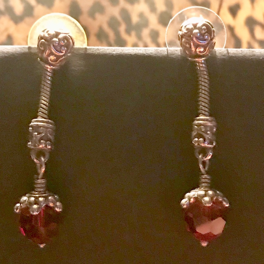 RUBY RED BEAD SILVER DROP EARRINGS